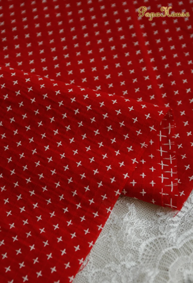 Red Background Embroidery Cross Pattern Jacquard Cotton Fabric Tea Towel Tablecloth Boy Cover Bag  Handmade DIY