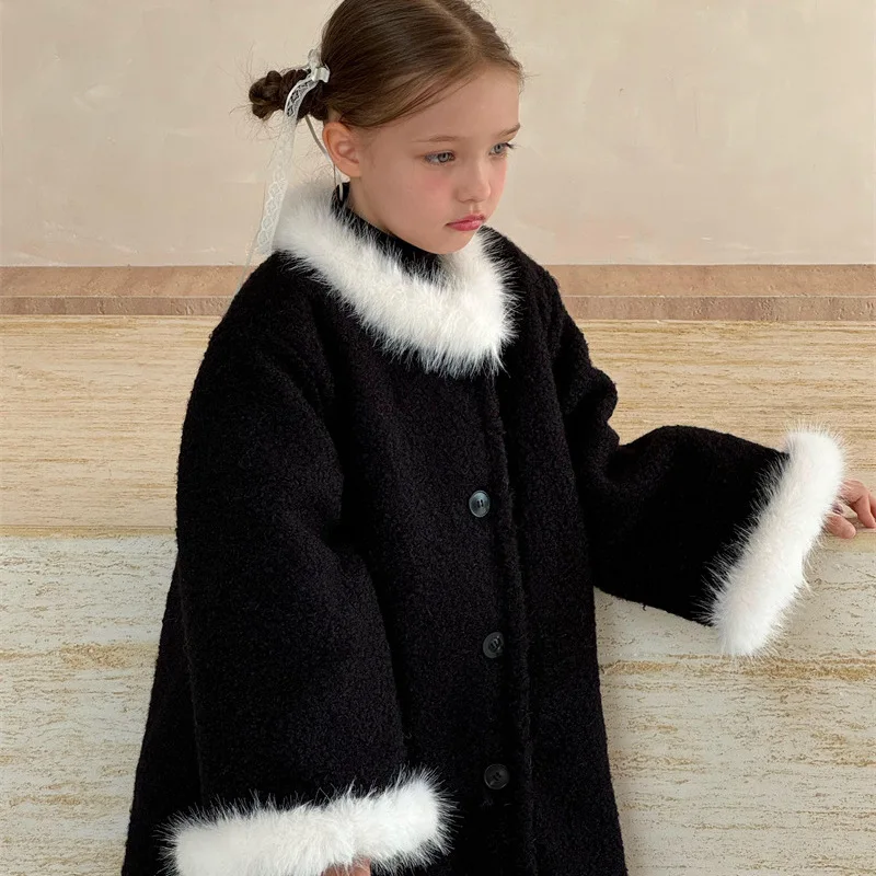 Girls Suits Sweet New Chinese Cloak Cotton Wool Coat Girls Hair Collar Two-piece Set European Fashion Style Black Coat Clothes