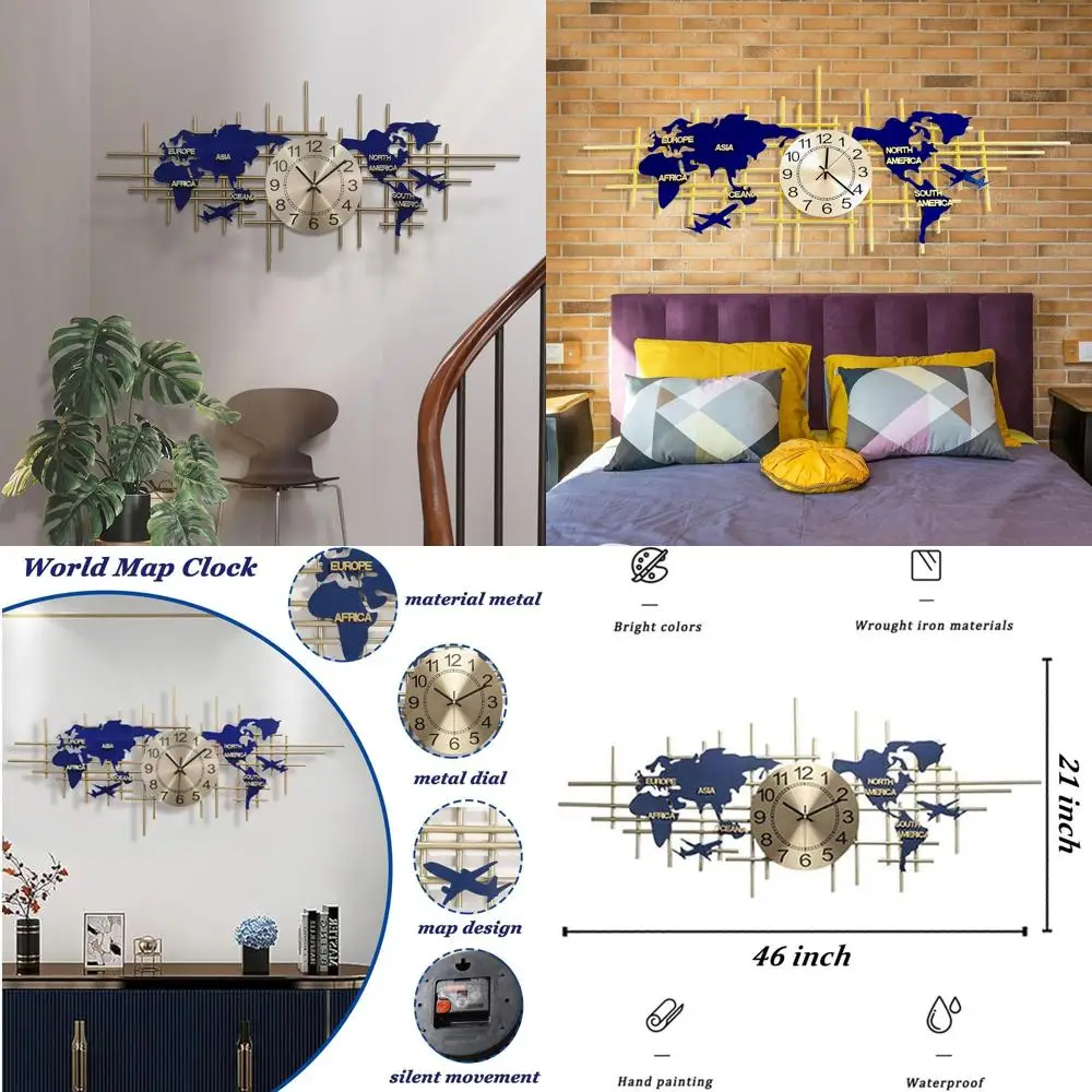 

Large 37.8 Silent 3D World Map Clock, Modern Iron Frameless Decor for Home, Office