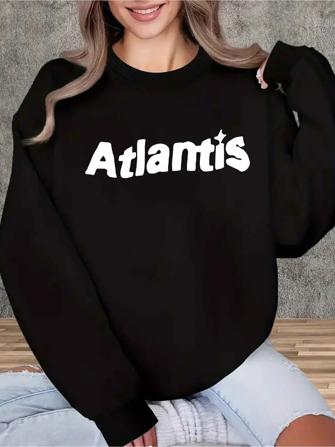 1Pc Women's Elegant Atlanticis Print Sweatshirt - with Lettering, Round Neck Long Sleeve Pullover, Stretchy Fabric, Ladies Sweat
