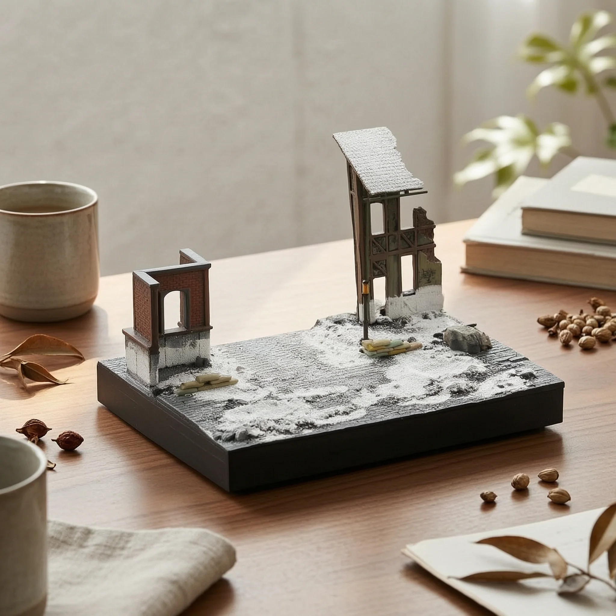 Diorama Base Winter Theme Battlefield Diorama Miniature Scene with Ruined Building Pre-Painted Scenic Platform Weathered