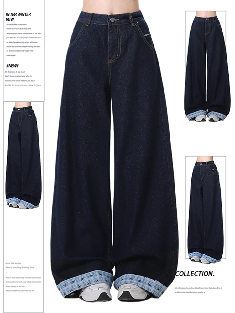 

Американские джинсовые брюки больших размеров в стиле пэчворк, женские весенние новые широкие брюки с высокой талией, клетчатый дизайн, эффект похудения