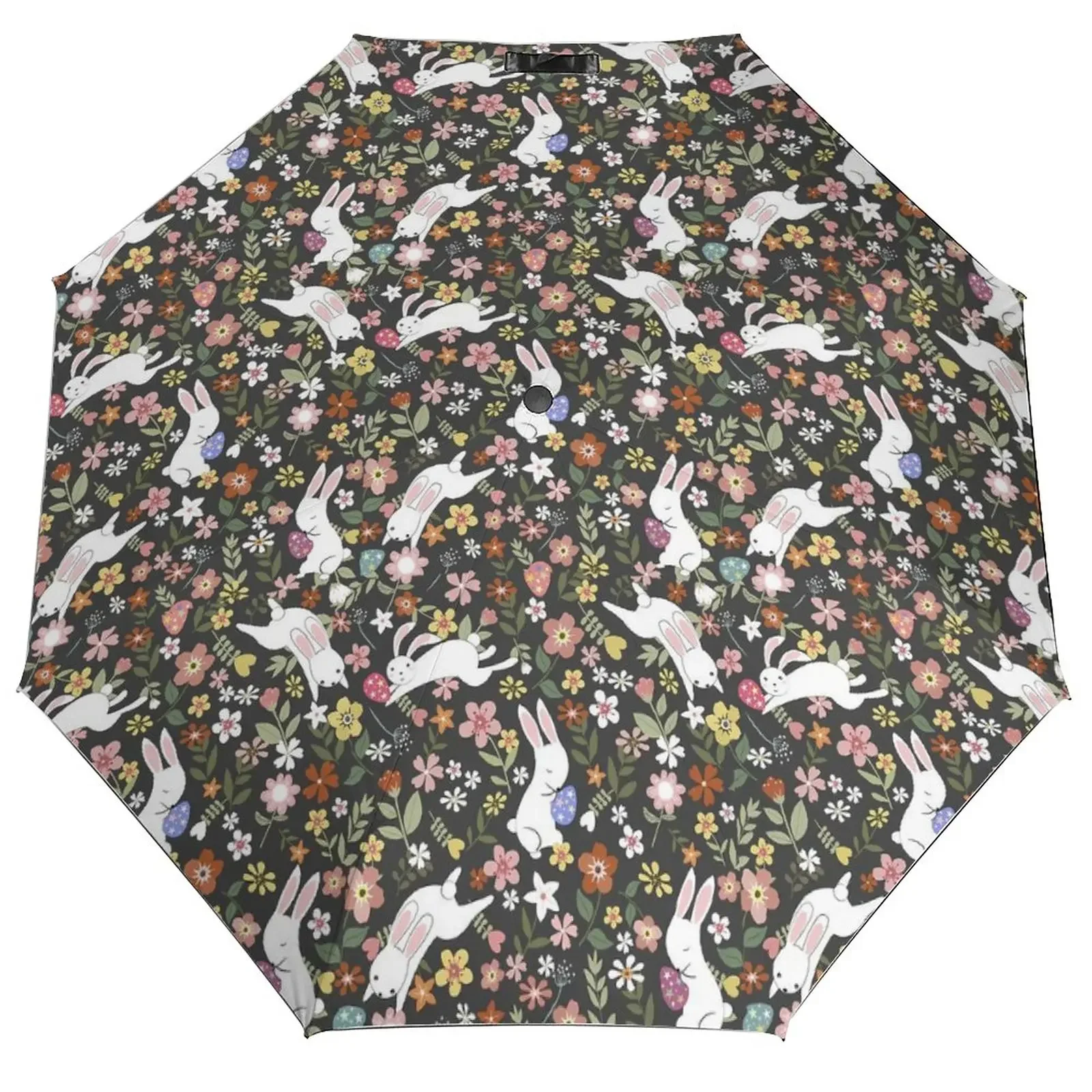 Pink Easter Day 3 Fold Manual Umbrella Cute Rabbit Print Sun and Rain Umbrella Black Coat Lightweight Umbrellas for Men Women