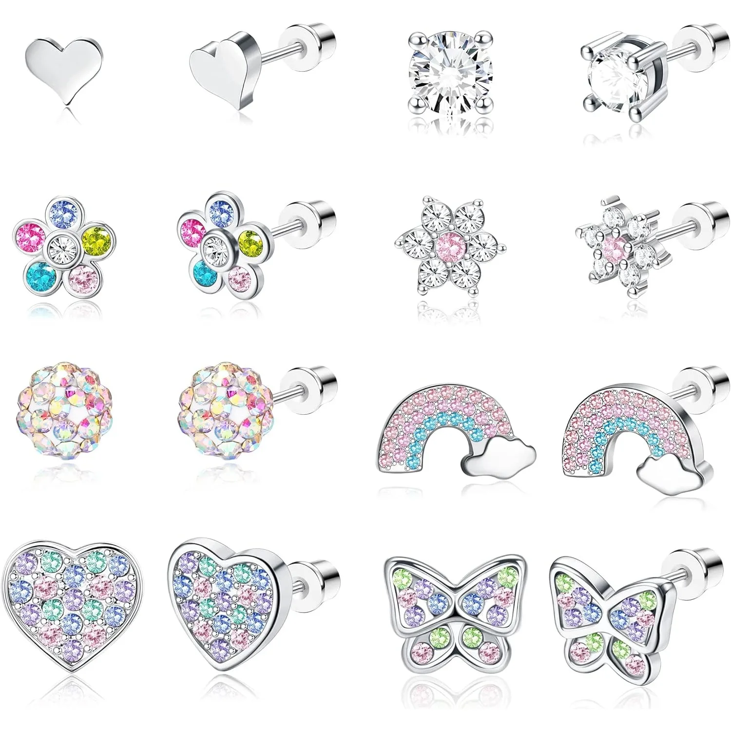 

Florideco 8 Pairs Surgical Stainless Steel Stud Earrings-Cute Screw Back Jewelry Set Gift for Women 20G Multicolored Pink