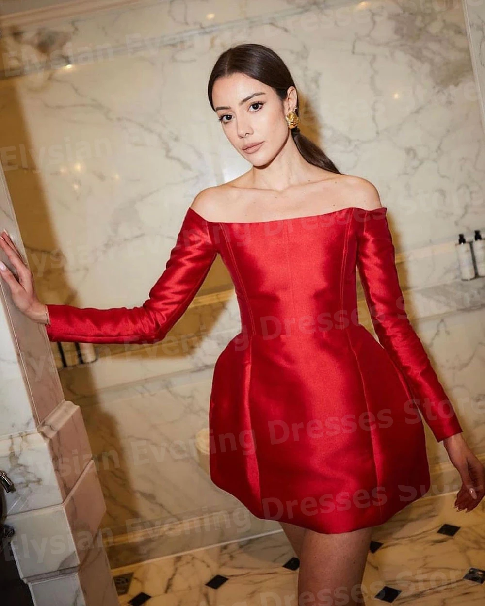 

Graceful Red Mini Women's A Line Evening Dresses Off The Shoulder Prom Gowns Long Sleeve Party Customized Vestidos Para Mujer