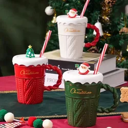 Creative Christmas Mug Christmas Tree Ceramic Water Cup High-end with Lid Straw Ceramic Cup