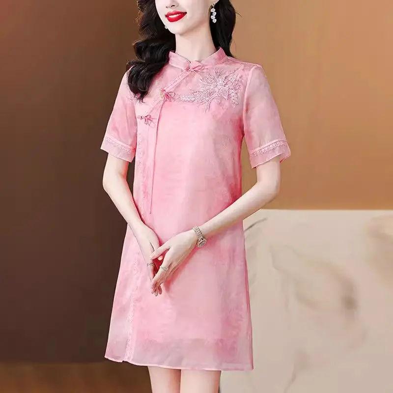 

Mom's Silk Cheongsam Young Style Improved Chinese Style Organza Dress Women's Summer Qipao Elegant Mini Vestidos K1600