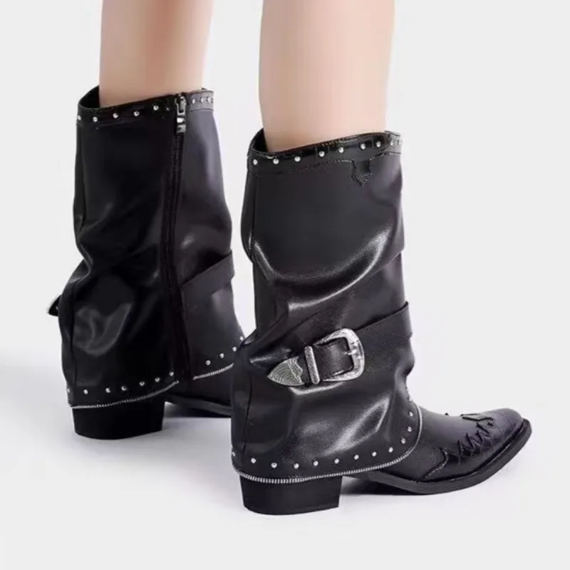 

Flame Pattern Design Knight Boots 2026 New Pointed Thick Heel Rivet Chain Women's Short Boots