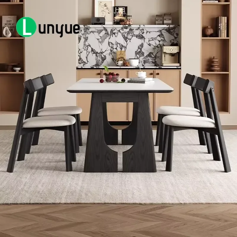 Mid Century Solid Wood Dining Table Rectangular Stone Top Modern Home Furniture Durable Kitchen Room Decor Easy Assembly