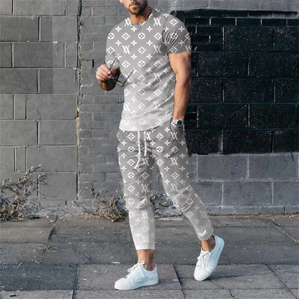 Summer Men\'s Tracksuit Set Sportwear 3d Print Stripe Short Sleeve T Shirt+long Pants 2 Piece Set Men Oversized Tracksuit Clothes