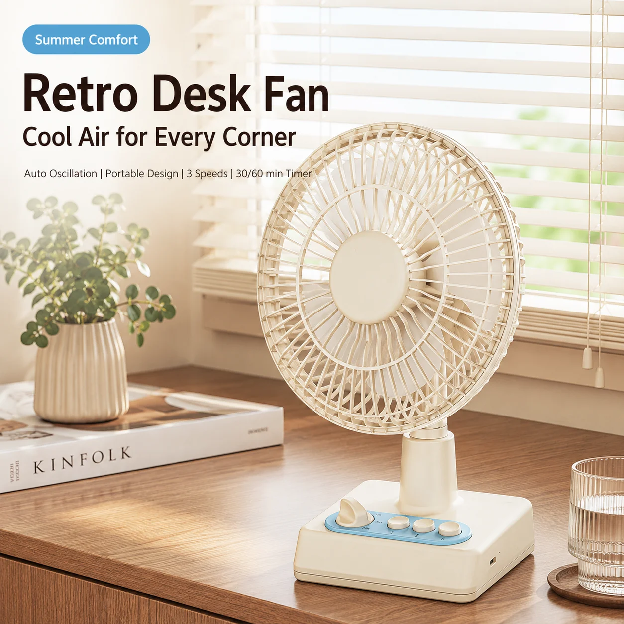 Retro Desktop Fan Mini USB Electric Fan 3 Speeds Oscillating Table Fan With Timer Portable Air Cooler For Home Office Dorm
