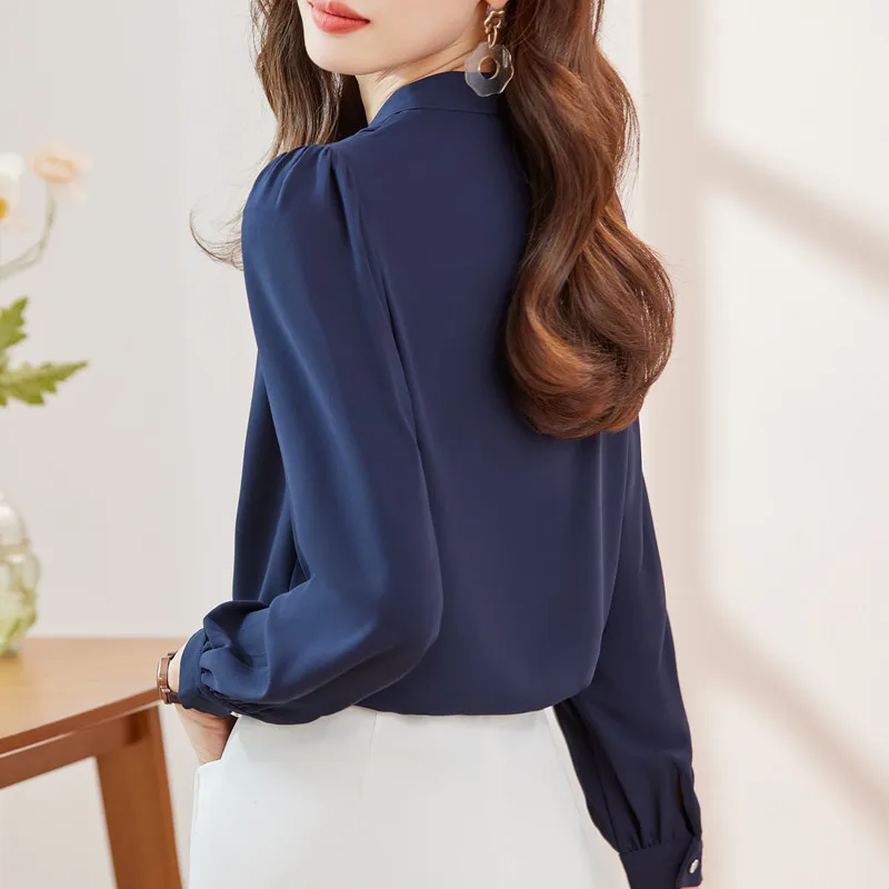 NAVIU Navy Blue Shirt Women New Autumn High End Temperament V Neck Professional Formal Blouses Office Ladies Work Tops White