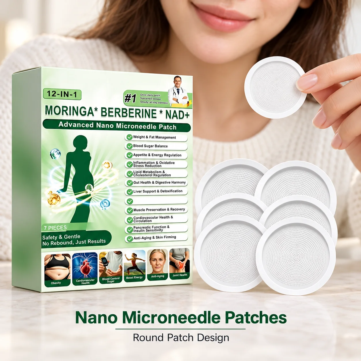 Moringa Microneedle Patches With Berberine And NAD+ Featuring A Circular Shape And Textured Central Surface In A Box Of 7 Pieces