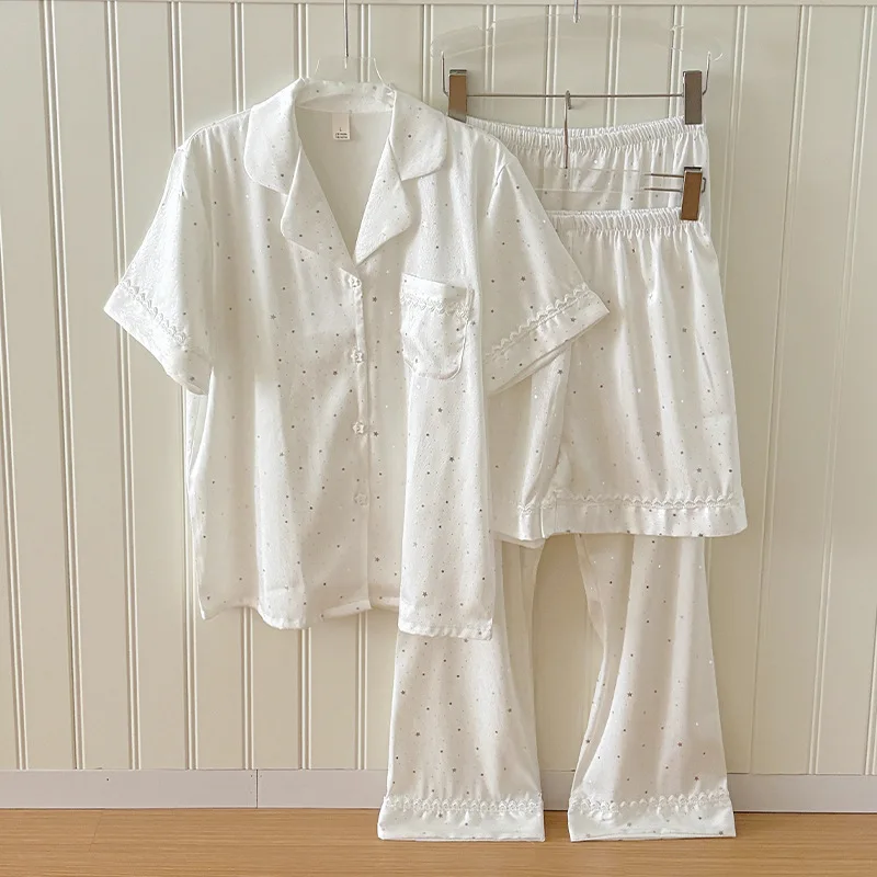 Summer Ice Silk Short-sleeved Pajamas Three-piece Suit Summer Fresh and Cute Sweet Summer Refreshing Pajamas Women's Suit