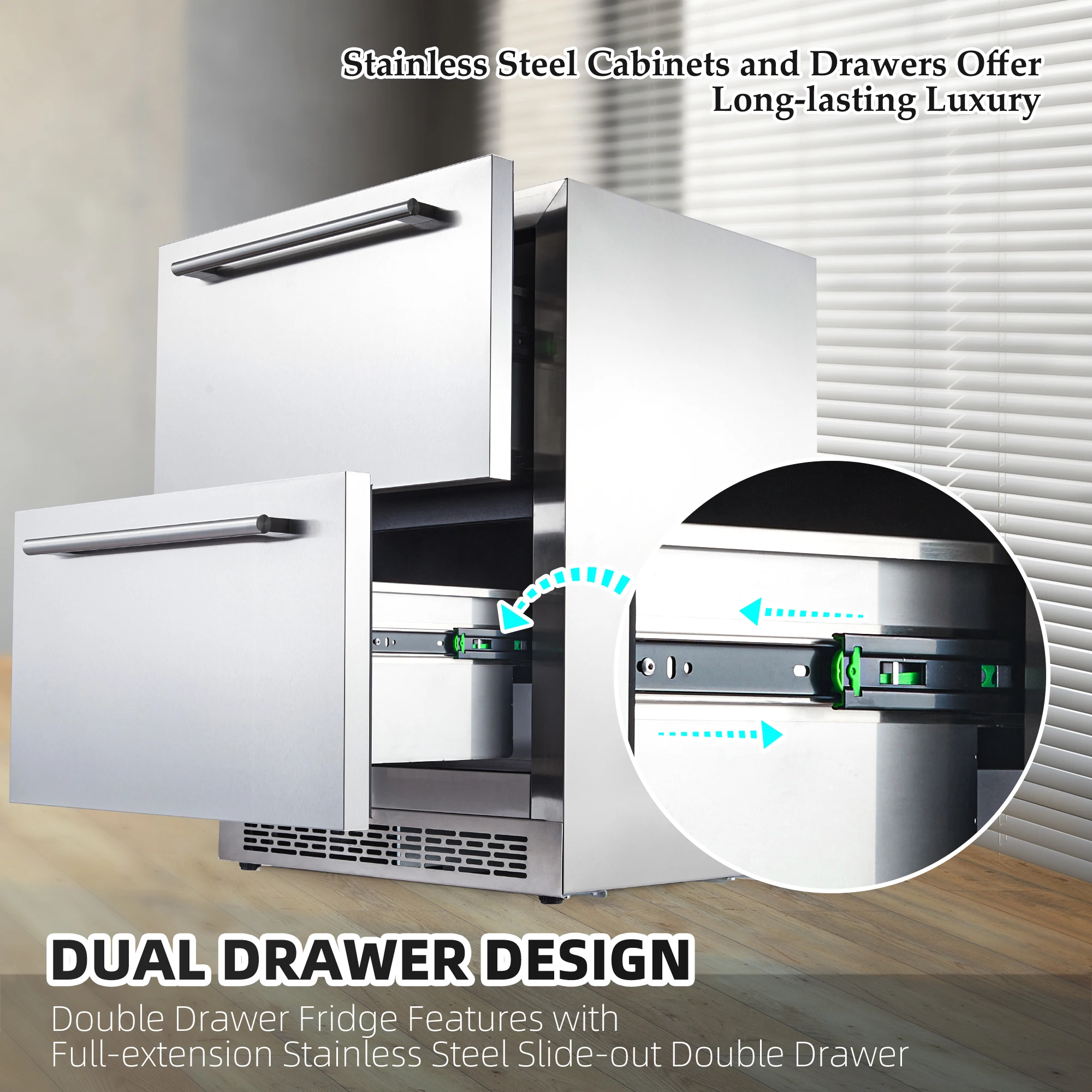 24 inch wide drawer refrigerator, built-in wine, and beverage refrigerator under the counter, weatherproof, Anti-fingerprint