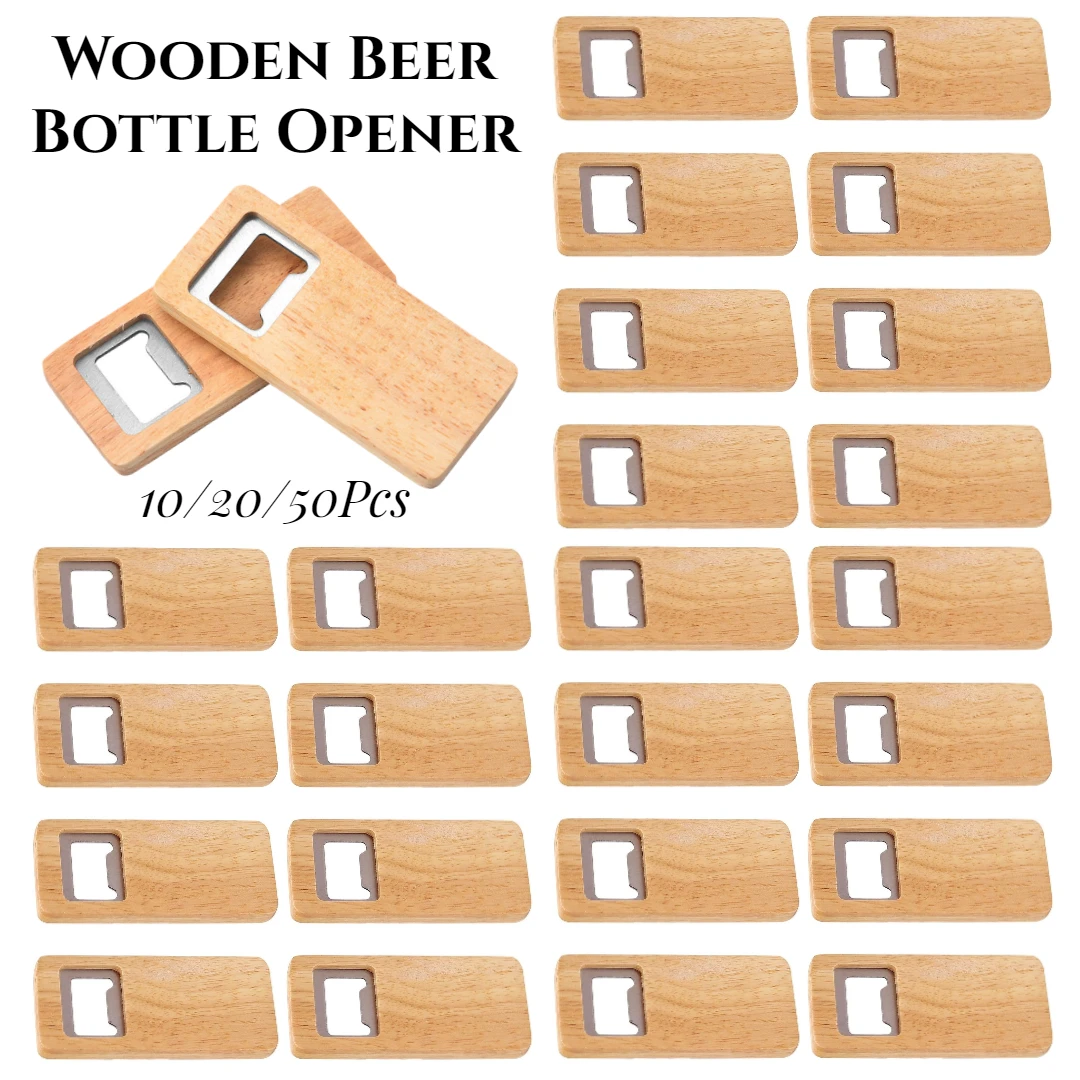 10-50PCS Wood Beer Bottle Opener with Wooden Handle Corkscrew Steel Square Openers Bar Kitchen Wedding Party Gift DIY Crafts