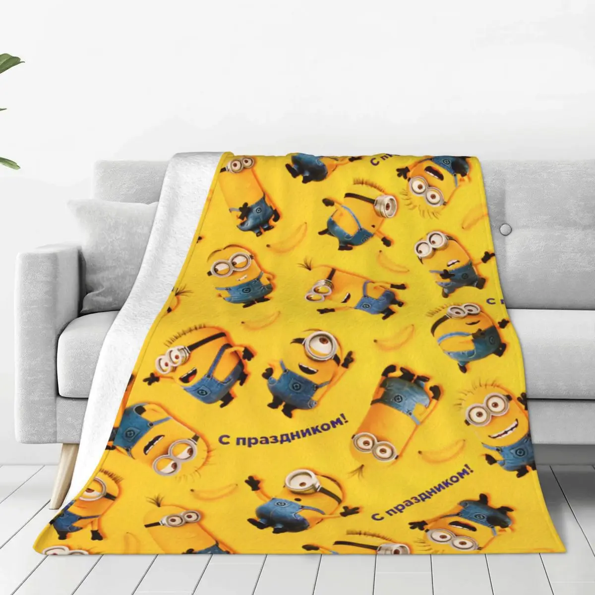 Super Warm BlanketsGirls Boys Camping MINISO Minions Yellow Throw Blanket Flannel Bedspread For BedroomFunny Sofa Bed Cover