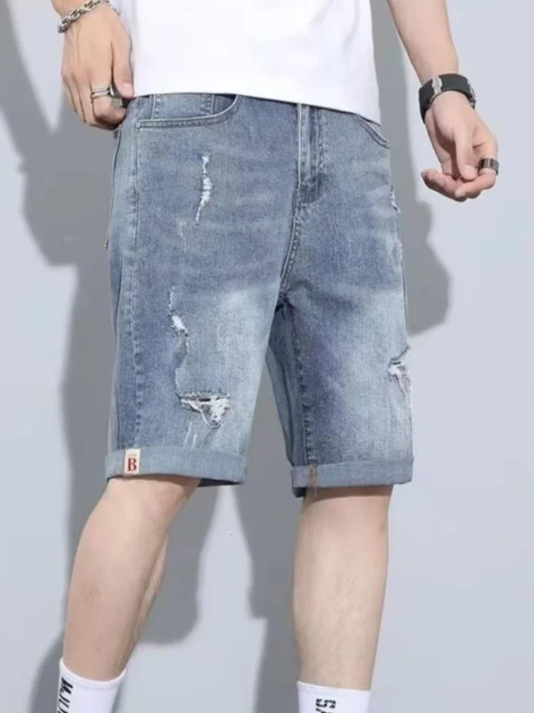 Short Jeans Pants for Men Skinny with Text Slim Man Denim Shorts Thin Original Xxxl Blue Cowboy Popular Harajuku Stretch Emo Xl