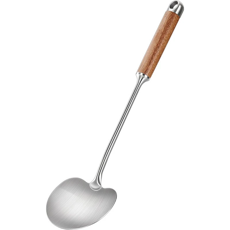 LFGB Certificated 316L Stainless Steel Round Spatula Soild Wooden Heat Insulate Handle Shovel and Scoop 2 in 1 Kitchen Cookware