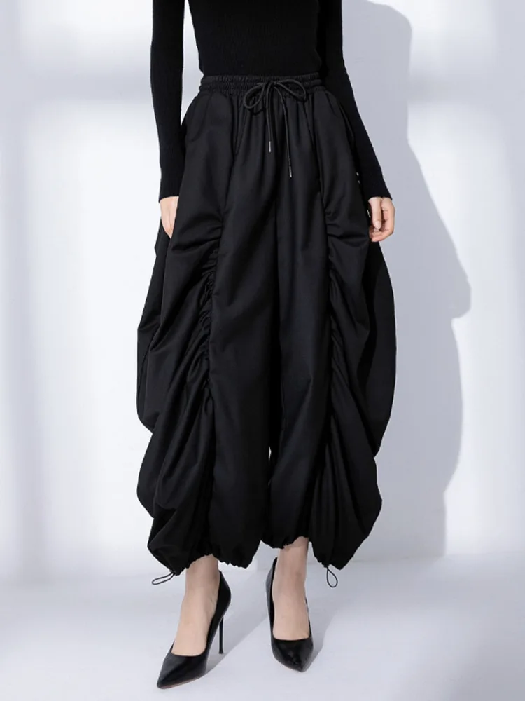 EAM High Elastic Waist Black Wide Leg Arc Ankle Length Pants New Loose Trousers Women Fashion Tide Spring Autumn 2025 31A0014