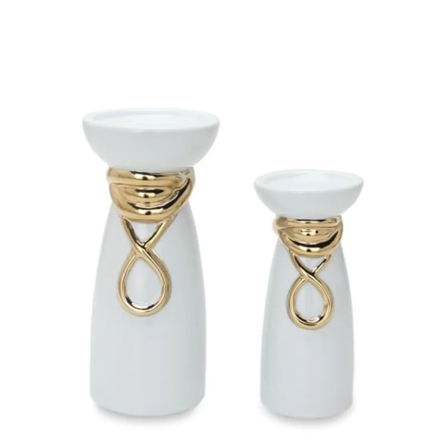 

Ceramic Pillar Candle Holders Set of 2-8" 10" H White Candle Sticks Holder for Home Décor Tabletop Candle Stand for Living Room