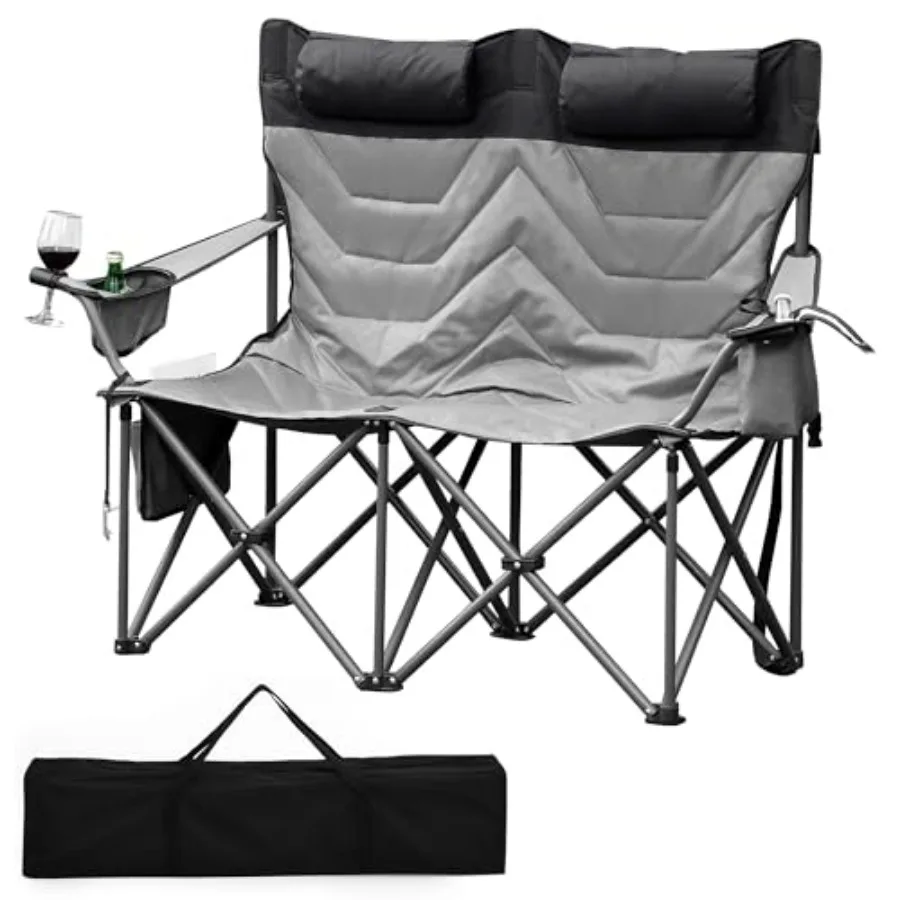 

Oversized Double Camping Chairs Heavy Duty Camping Chair with Headrest Cup Holders and Cooler Bag 2 Person Lawn Chair for Campi