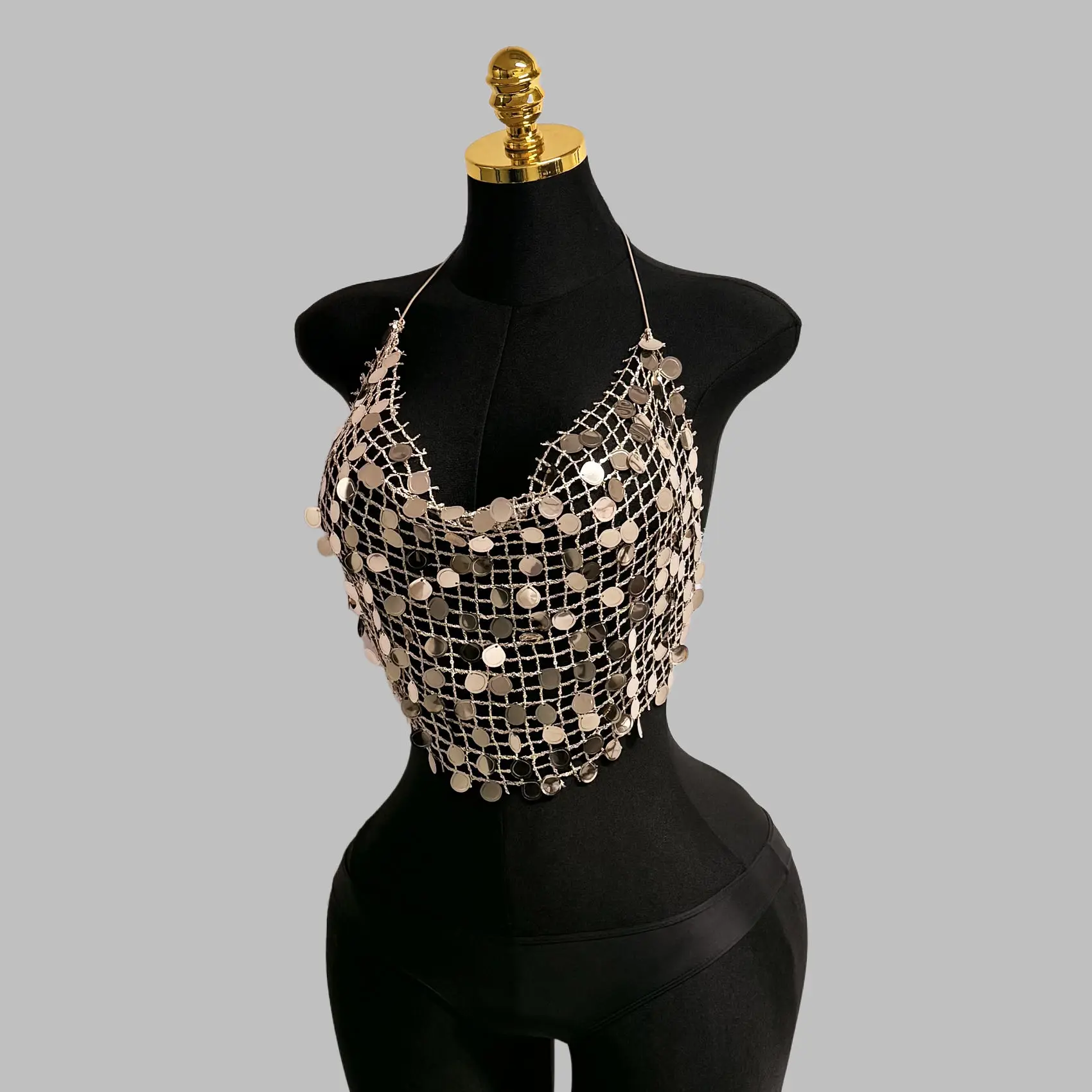 Glitter Acrylic Sequins Hollow Camisole For Women Sexy See Through Mesh Backless Halter Neck Tank Tops Holiday Party Crop Top