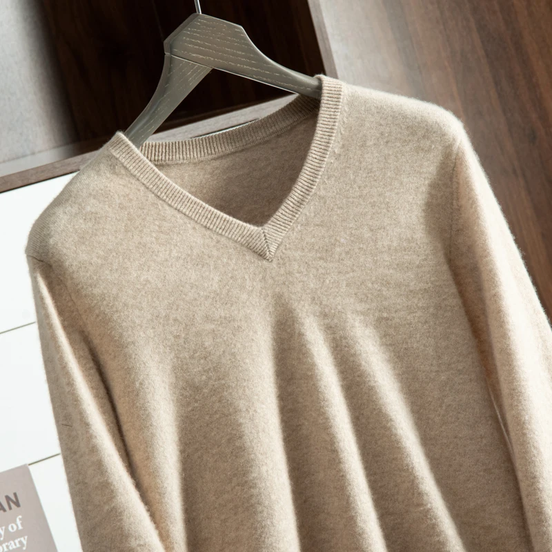 100% Cashmere Sweater Men Long Sleeve Pullovers Man V Neck Male Sweaters Fashion Brand Loose Fit Knitting Clothing Korean Style