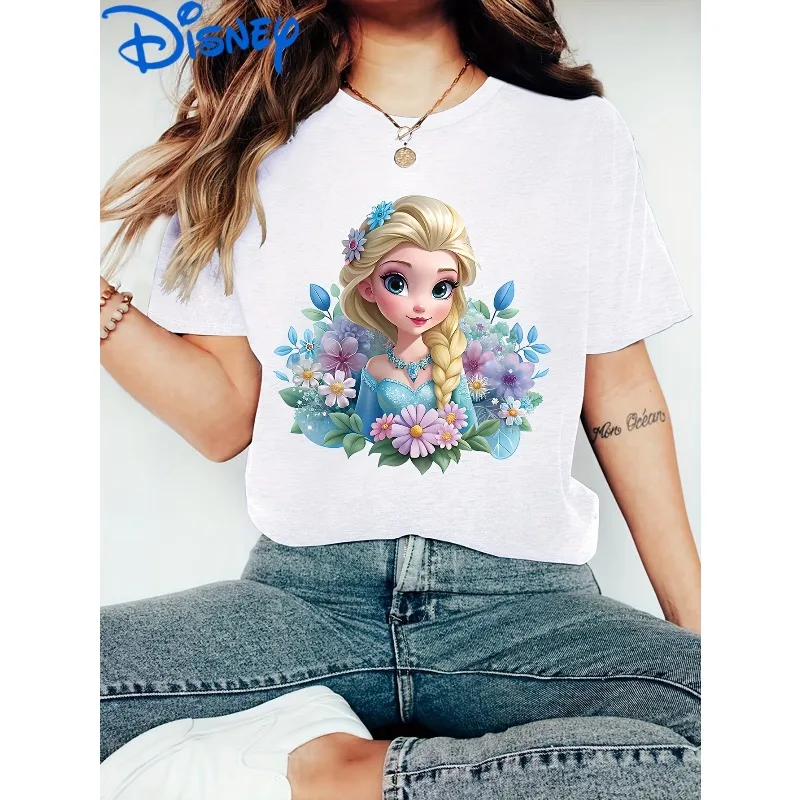 

New Cartoon Print Fashion Loose Round Neck Breathable Casual Short-sleeved Women's Round Neck T-shirt with Princess Elsa Pattern