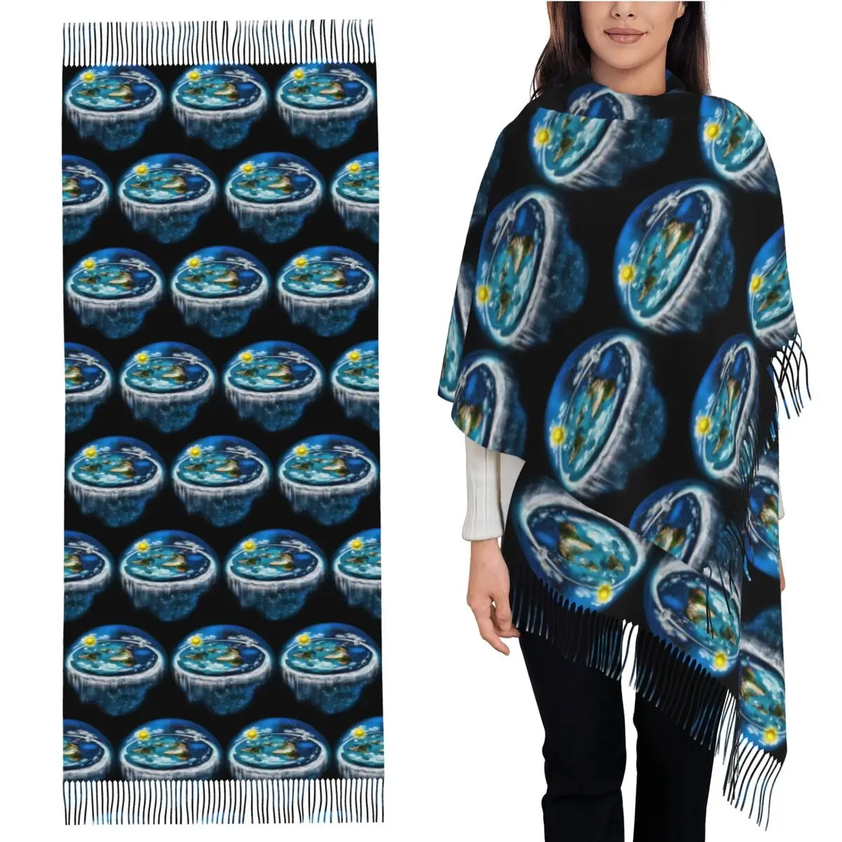 

Плоская Земля с куполом Художественный шарф Шарфы с кисточками для женщин Мягкие теплые шали и накидки Большая осенне-зимняя шаль