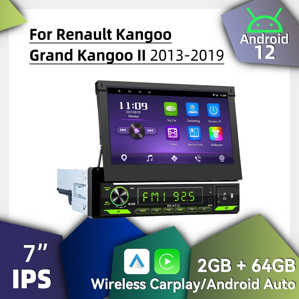 Pantalla retráctil de 7 "Carplay Android Auto Android Car Multimedia 1Din Radio para Renault Kangoo Grand Kangoo II 2013-2019 estéreo