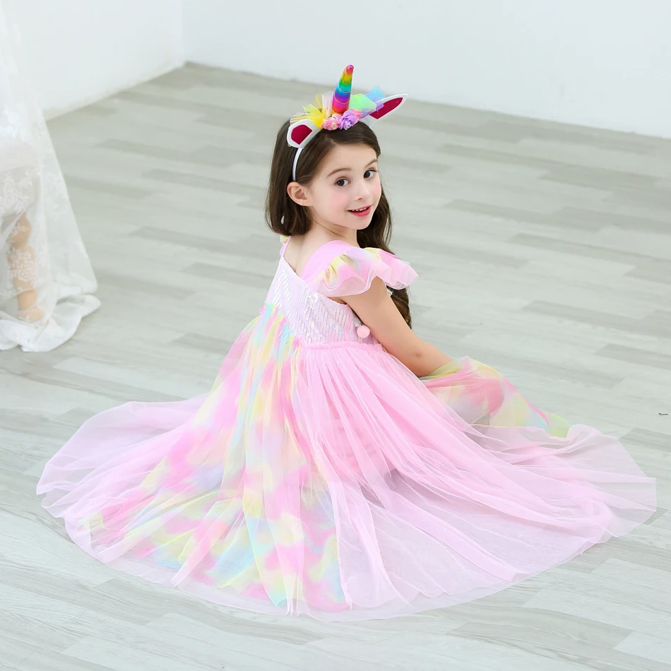 Girl Unicorn Cosplay Dress Children Party Birthday Princess Costume Sleeveless Trailing Wedding Christmas Outfit Girl Clothing