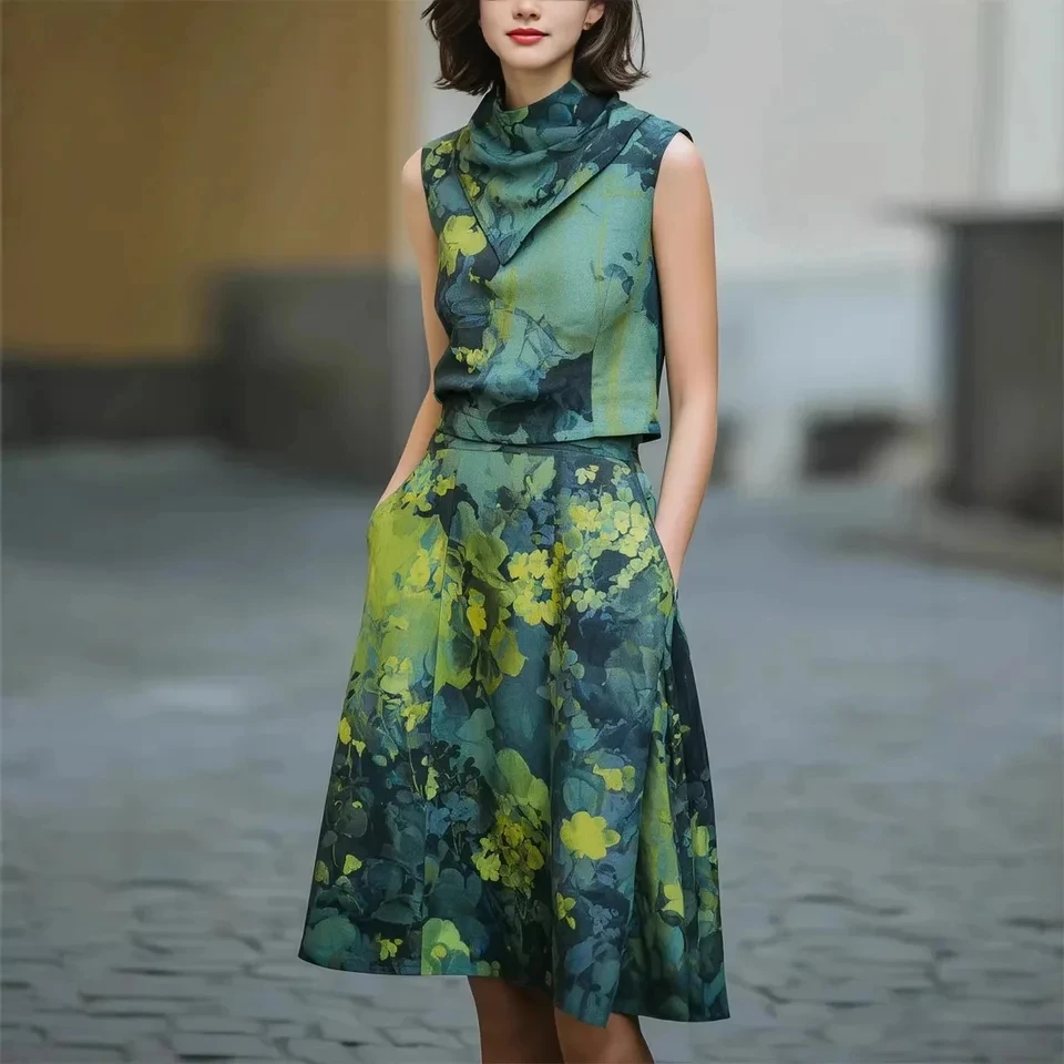 

2026 Spring New V Neck Waist Cinched Ruffle Trim Temperament Print Dress Women Midi A Line Dress