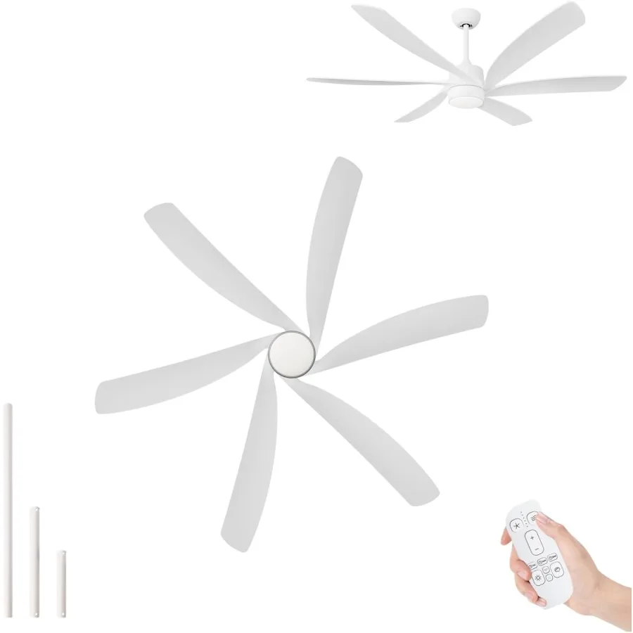 64-Zoll-Deckenventilator in Weiß mit Licht für große Terrassen im Freien, 6-flügeliges Design, geräuschloser Gleichstrommotor, hohe CFM-Leistung, modern