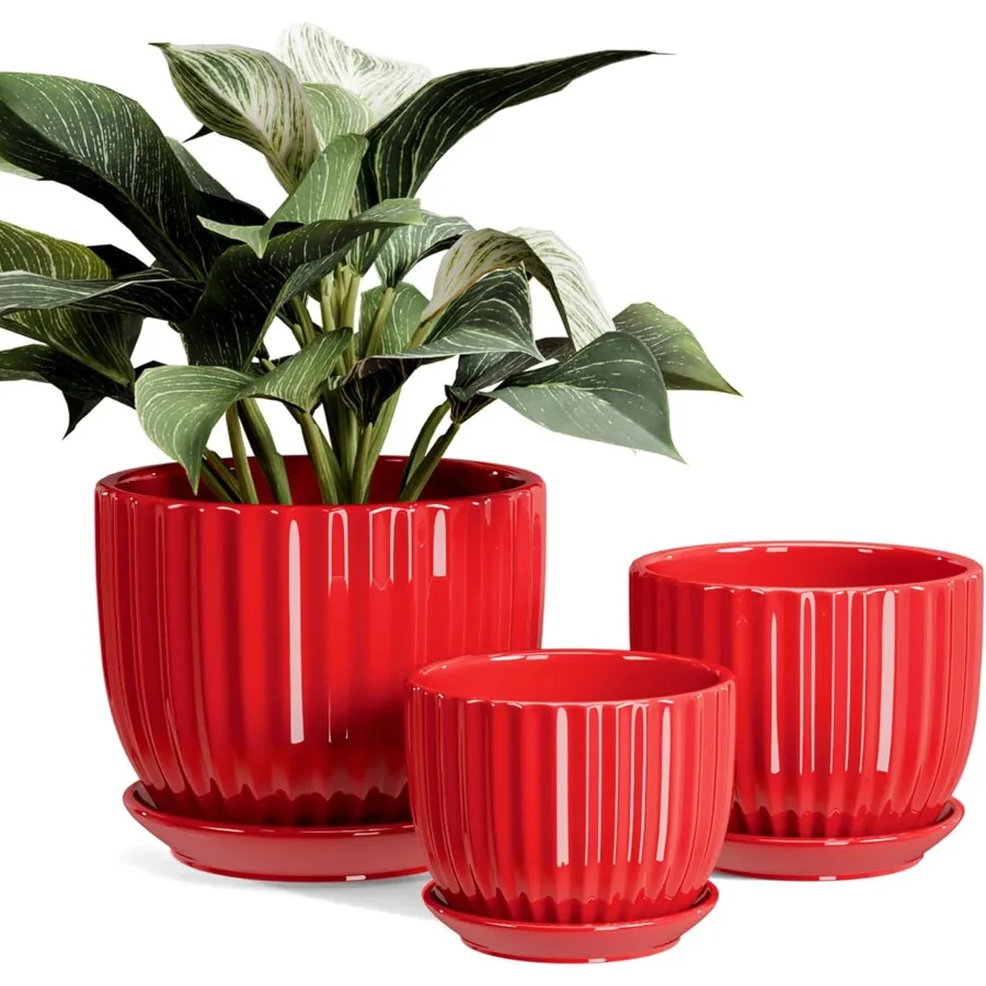 

Ceramic Plant Pots 4 5 6 Inch Red Planters Set of 3 with Drainage Holes and Saucer Indoor Flower Pots for Plants Ceramic Plante