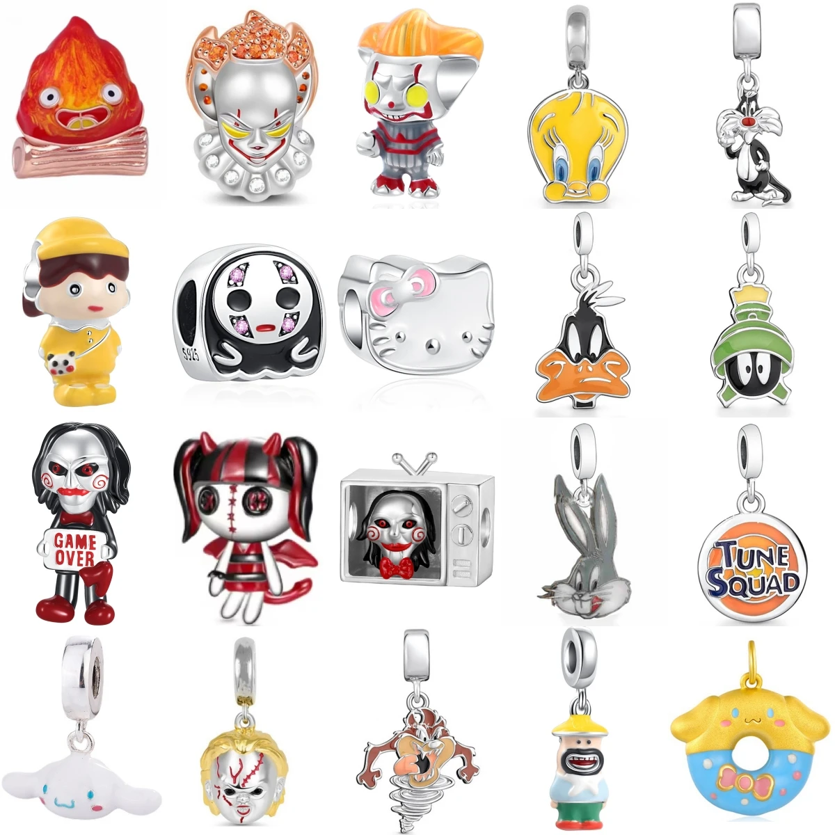 Pingentes de Prata S925 com Personagens de Desenhos Animados de Filmes de Terror, Hello Kitty, Palhaço It, Esquadrão Looney Tunes e Saw, para Acessórios de Joias DIY