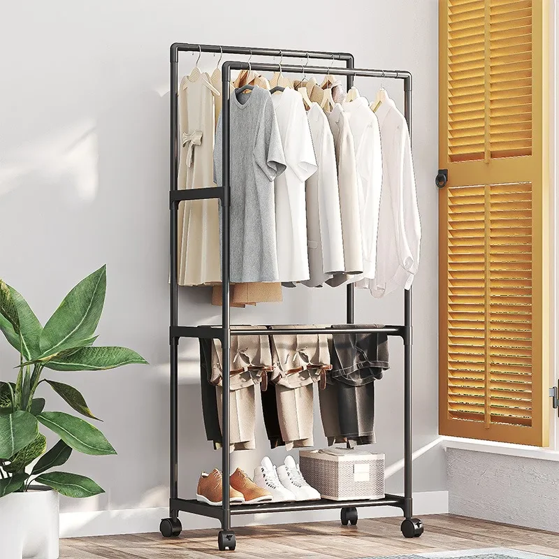 Clothes Rack Double Rod Movable Coat Rack Bedroom Multi-purpose Clothes Storage Shelf Household Multi-layer Clothes Racks