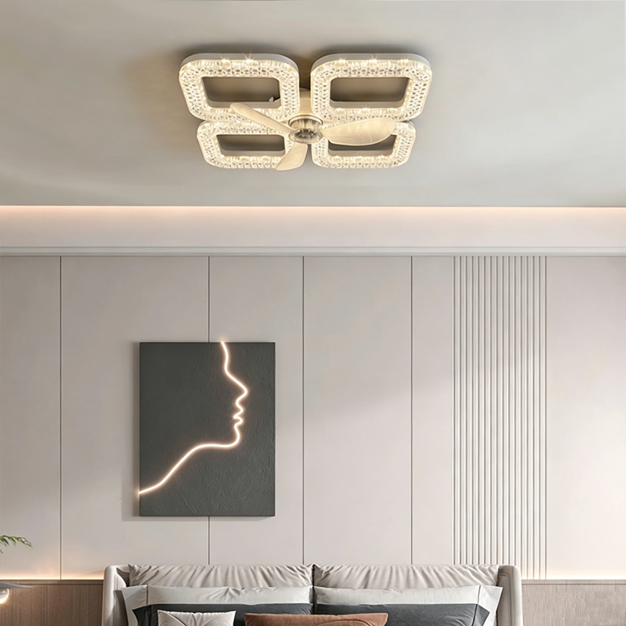 Dual Base Ceiling Fan Light E27 Stepless Dimmable 3 Speeds Timer Remote LED Lamp for Bedroom Living Hall Kitchen Dining Decor