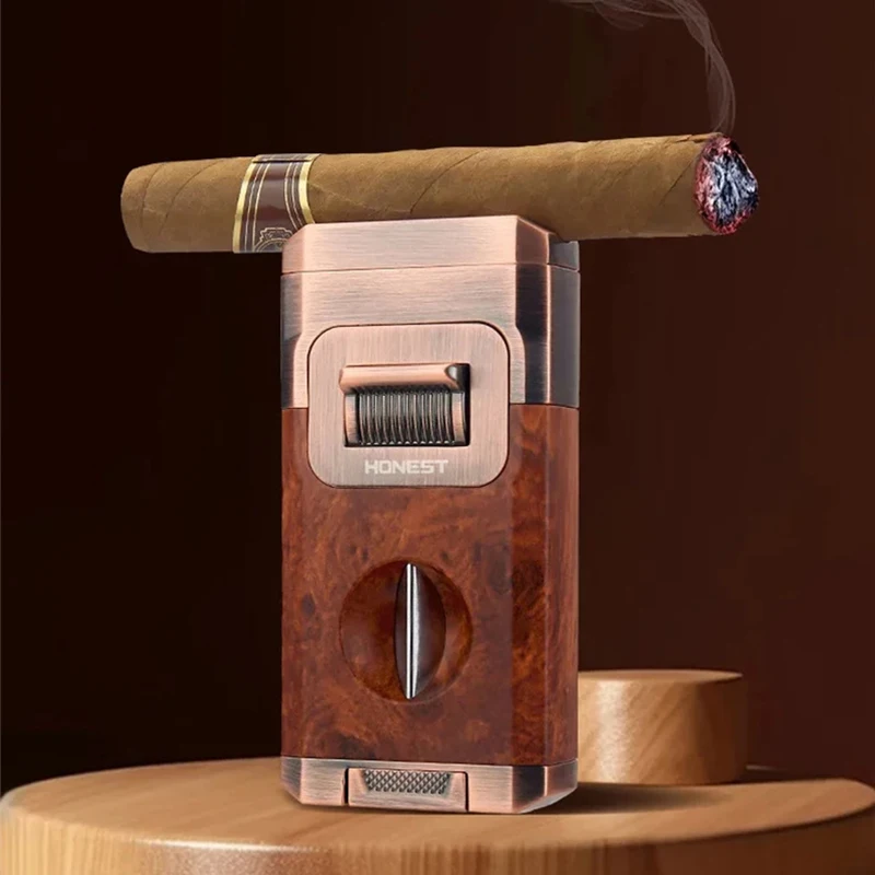 Luxury Cigar Cutter Dual Flame Lighter Direct Jet Blue Fire Inflatable Butane Gas Torch Lighter for Men Gift Smoking Accessories