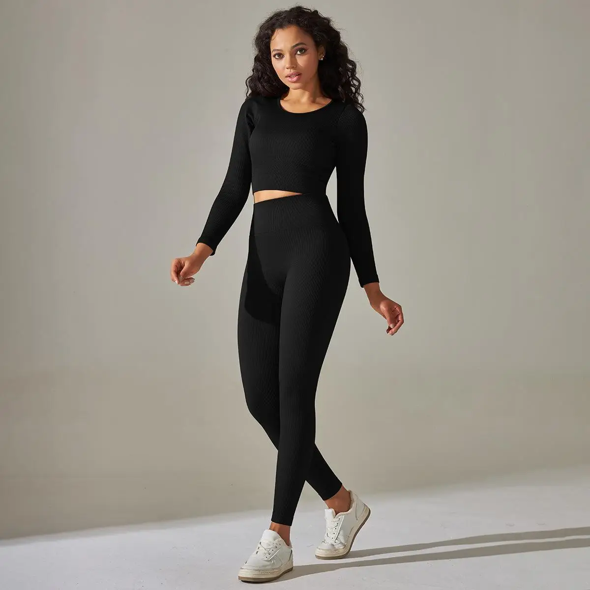 

Seamless Yoga Set Sport Long Seelves Shirt High Waist Leggings Set Fitness Gym Clothing Ribbed Workout Tracksuit for Women