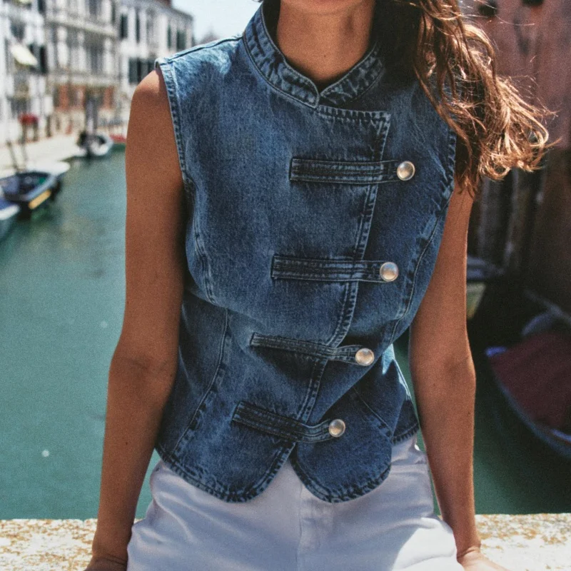 Y2k Retro Denim Waistcoat For Women Stand‑Collar Frog Buttons Sleeveless Asymmetric Slim Fit Vest Streetwear Outer Tops