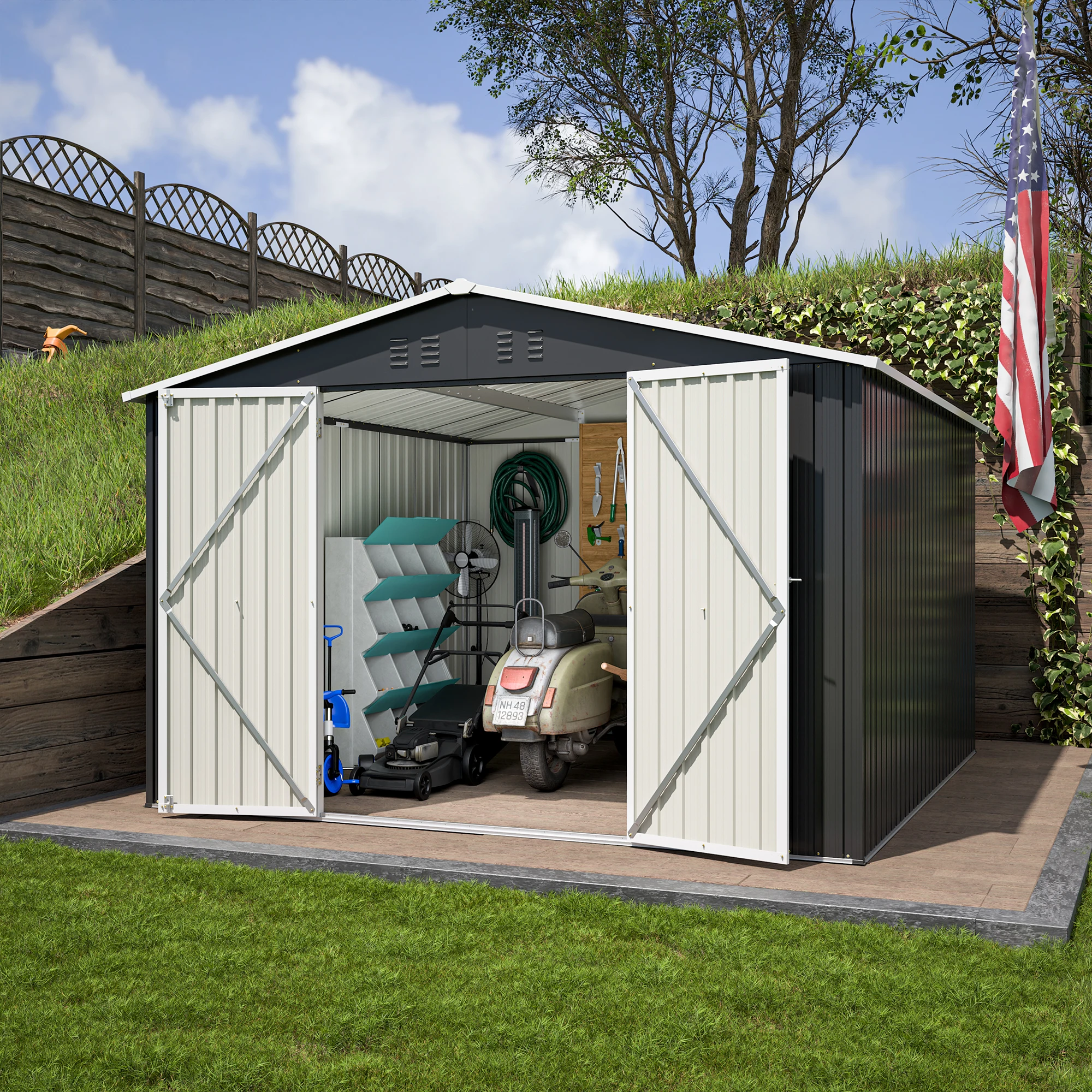 

10x10FT Outdoor Storage Shed, Meta Sheds with Lockable Doors and Updated Frame Structure, Ideal Tool Shed for Garden Patio
