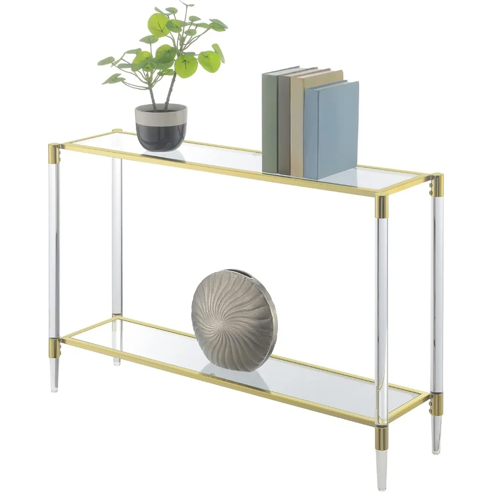 طاولة قاعة حديثة من الزجاج المقسى بطبقتين مع رف تخزين وإطار من الكروم الذهبي، بطول 44.25 بوصة
