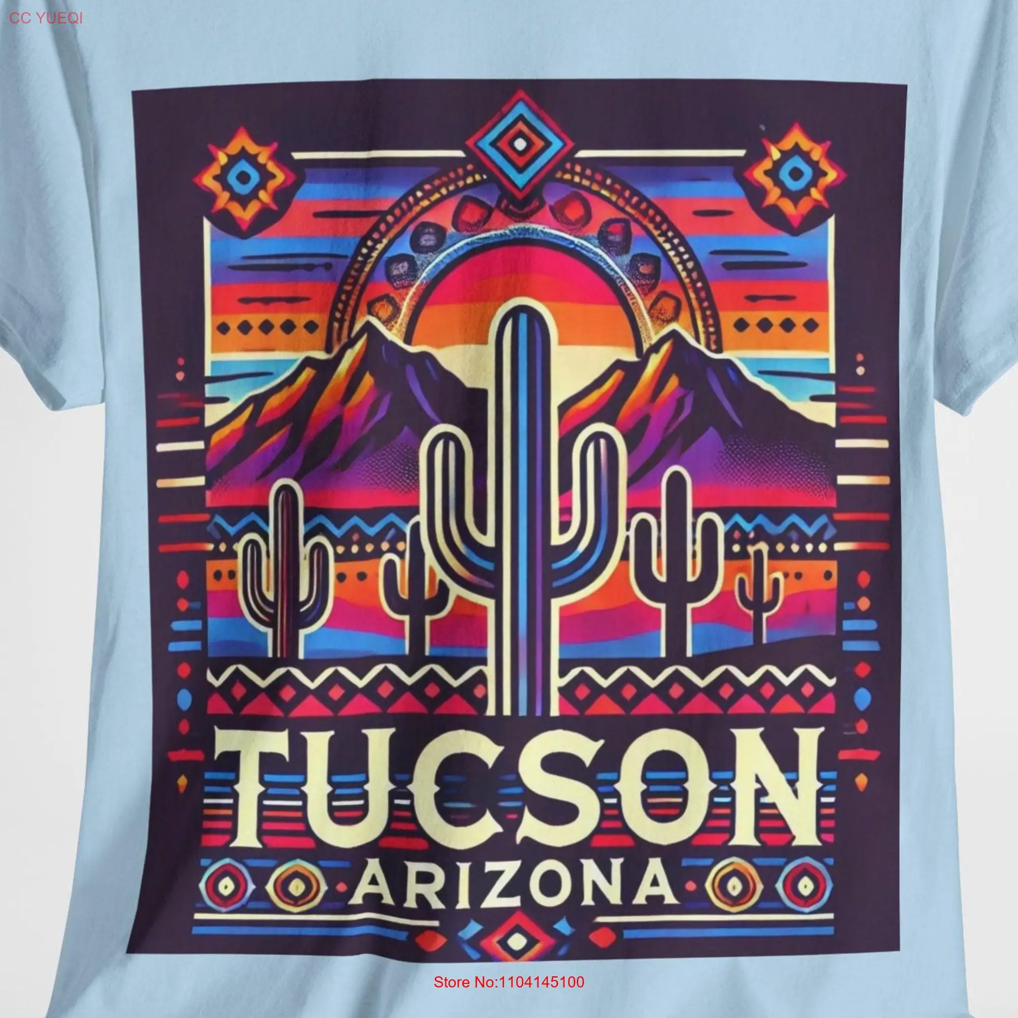 Tucson Arizona T Shirt Colorful Southwest Sunset Catalina Mountains with Sagauros Cactus long or short sleeves