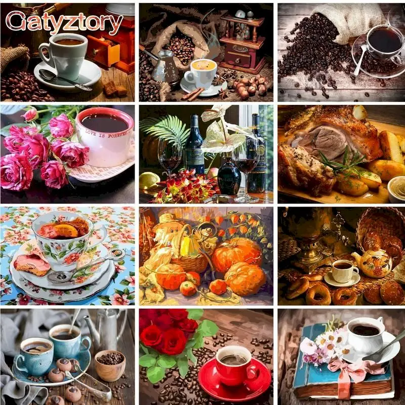 

GATYZTORY Oil Painting By Numbers Handmade Coffee Tea Food Paint Kit Home Decors Acrylic Paints For Adults Wall Art Diy Gift Art