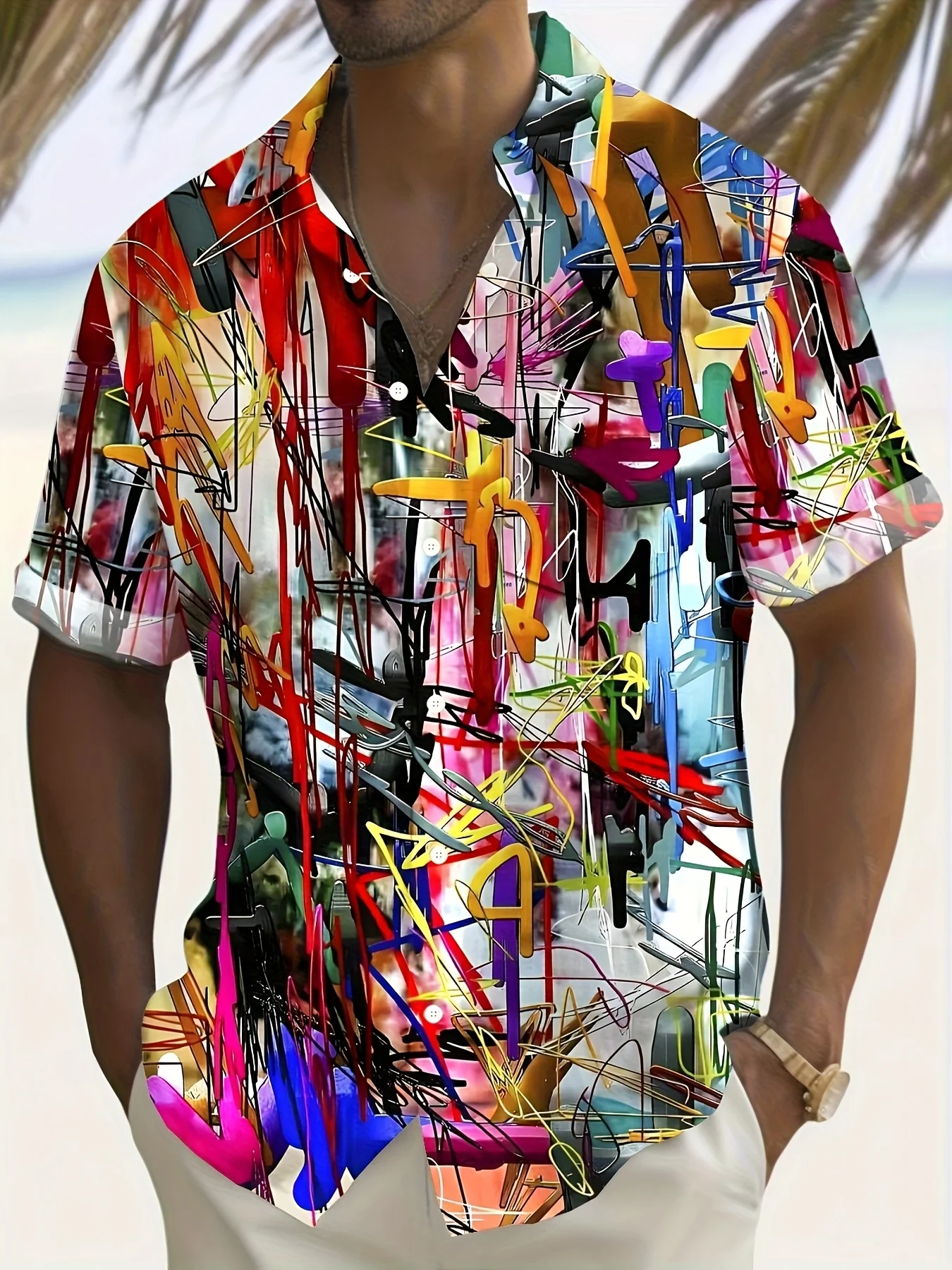 Vibrant Splash Line Street‑art Pattern Mens Camp Collar Shirt Summer Beach Blouse