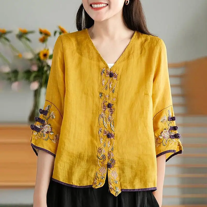 

Summer New Arrival Ethnic Style Embroidered Loose Thin Shirt V-Neck Cardigan Collarless Top