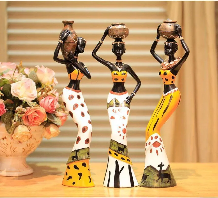 20cm African Women Resin Figurines Arts and Crafts Tribal Lady Statue Exotic Doll Candle Holder Gift Home Decoration Sculptures