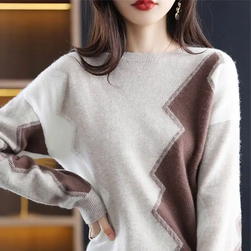 2023 Autumn and Winter Women\'s Pullover Loose Contrast Round Neck Knitted Long Sleeve Underlay Fashion Casual Formal Tops