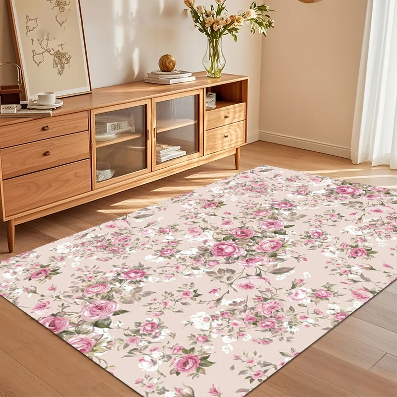 Light Pink Rose Floral Medallion Area Rug for Living Room Bedroom Shabby Chic Home Decor Soft Non Slip Washable Floor Mat